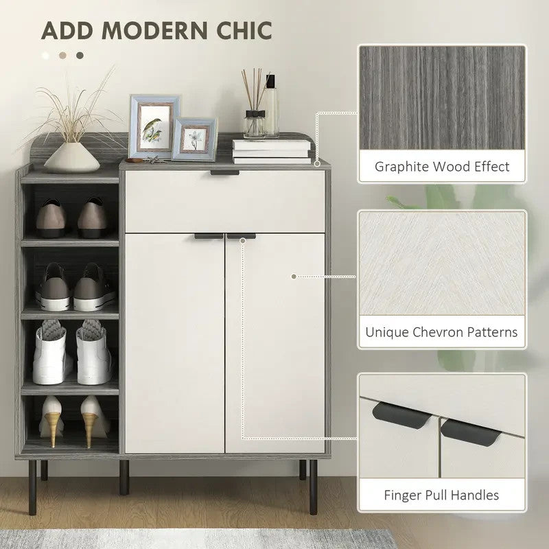 Modern Shoe Cabinet Storage Unit with Drawers & Open Shelves - Grey White