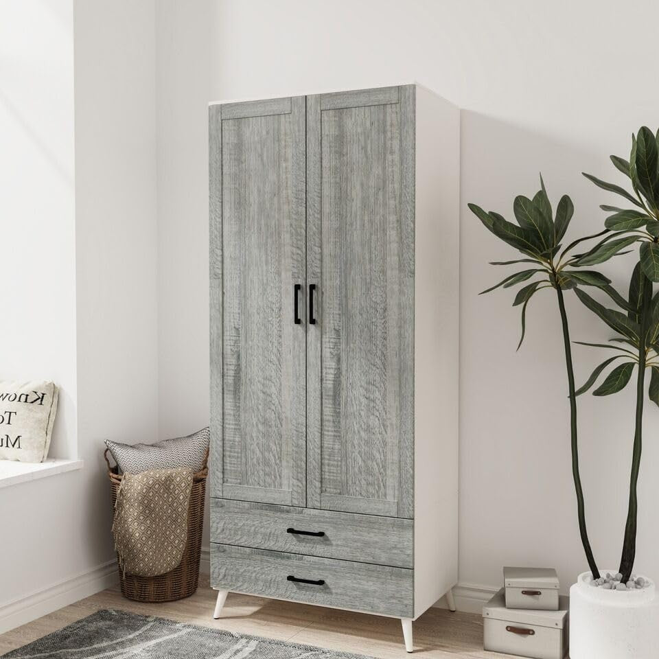 Modern White Ash Grey Wardrobe 2 Doors 2 Drawers Bedroom Storage Unit
