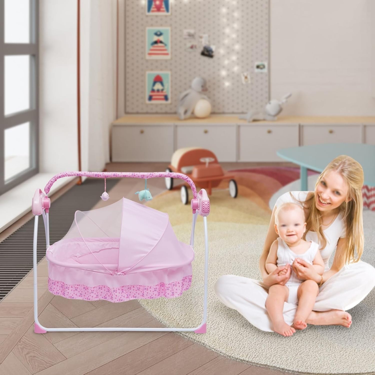 Electric Baby Cradle Swing with Music Timer Remote Travel Bassinet Pink