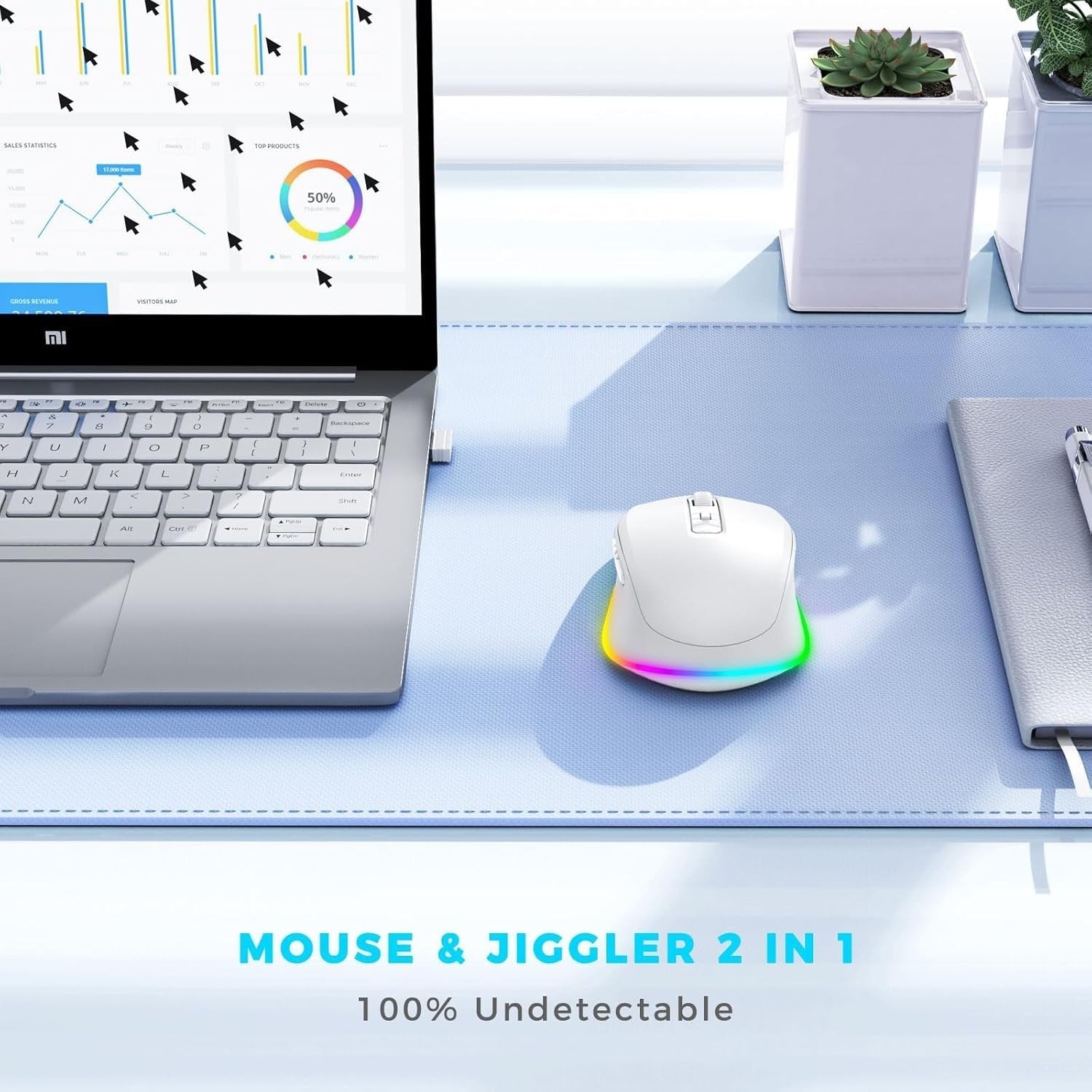 White RGB Wireless Mouse Rechargeable Silent USB Jiggler Mode