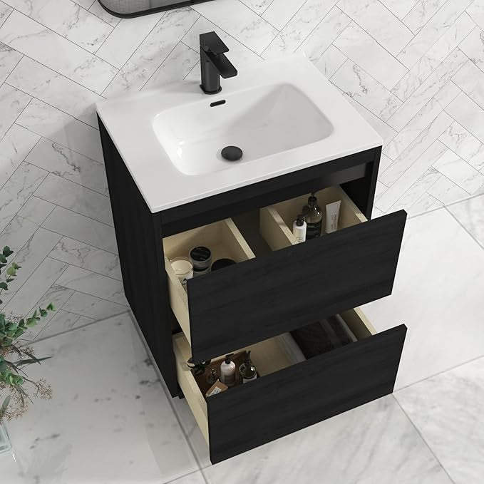 600mm Black Floor Standing Vanity Unit with Basin Sink 2 Drawer Bathroom Cabinet