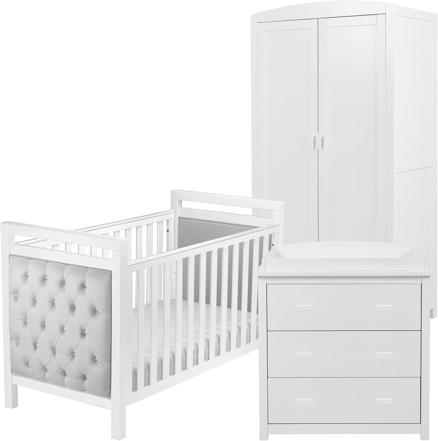 Luxury 3pc Nursery Furniture Set Cot Bed Wardrobe Chest Drawers White Modern