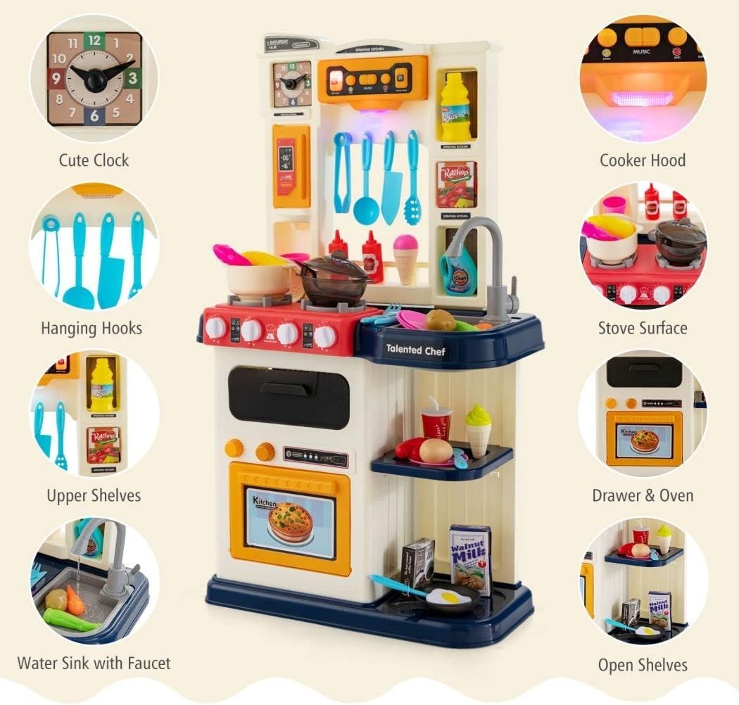Kids Play Kitchen Set Lights Sounds Running Water 65PCS Blue Toy