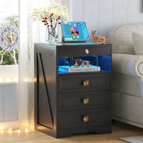 Black LED Bedside Table with Wireless Charger, Hidden Drawer & Glass Top