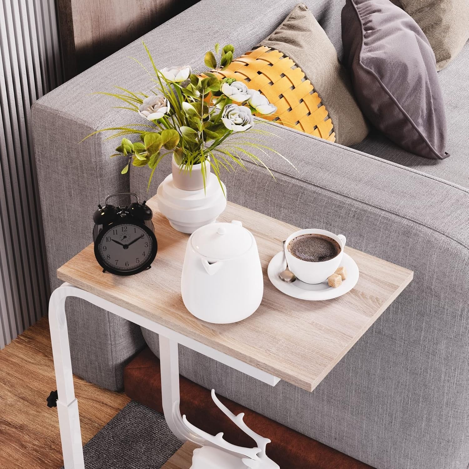 Height Adjustable Side Table – 45x30x65cm End/Bedside Table Oak White
