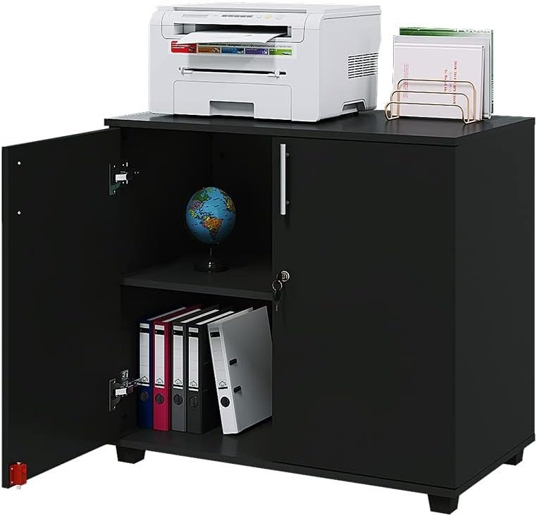 Black 2 Door Lockable Office Cabinet Wooden Filing Storage Cupboard