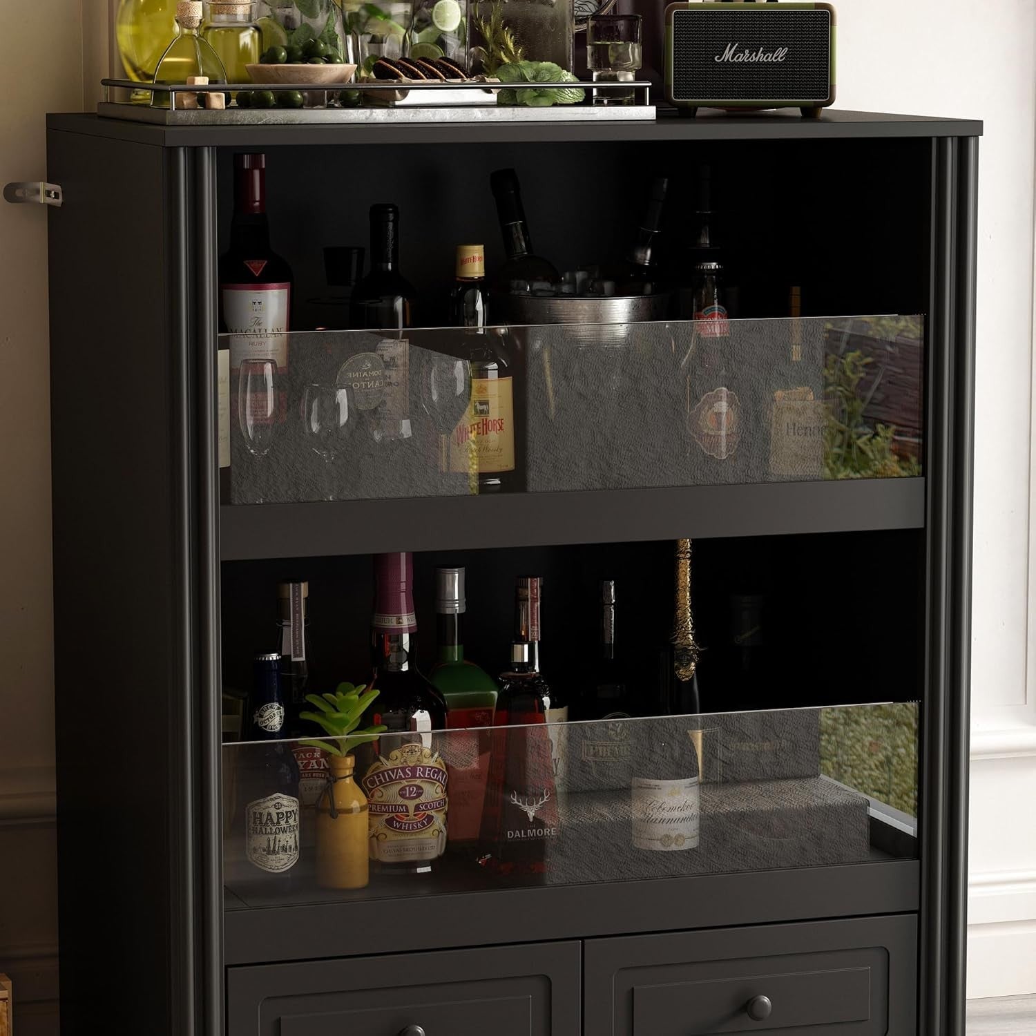 Black Wine Bar Cabinet with Glass Doors & Drawers, Modern Drinks Storage Unit