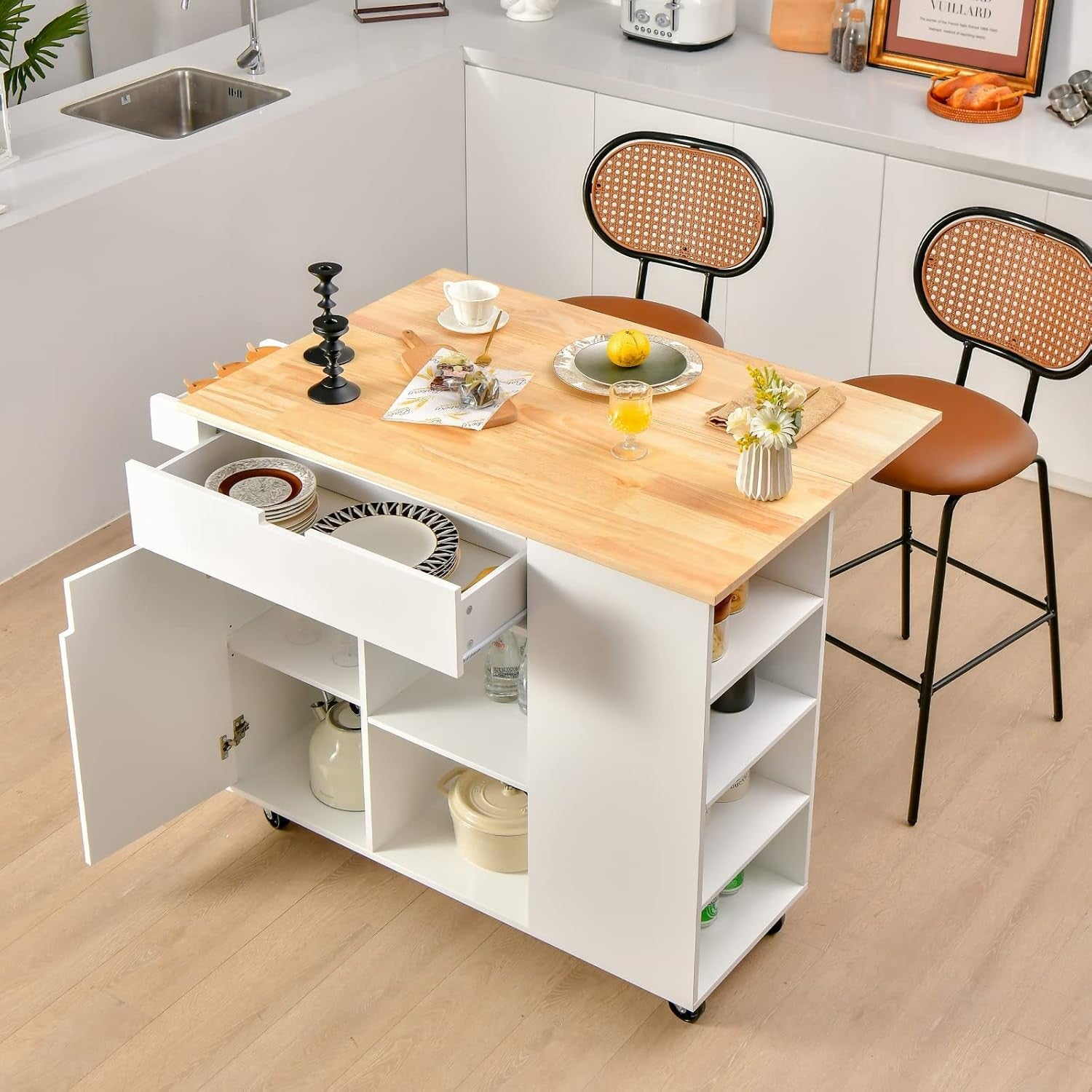 Large Kitchen Island Cart on Wheels with Extendable Wood Top Storage