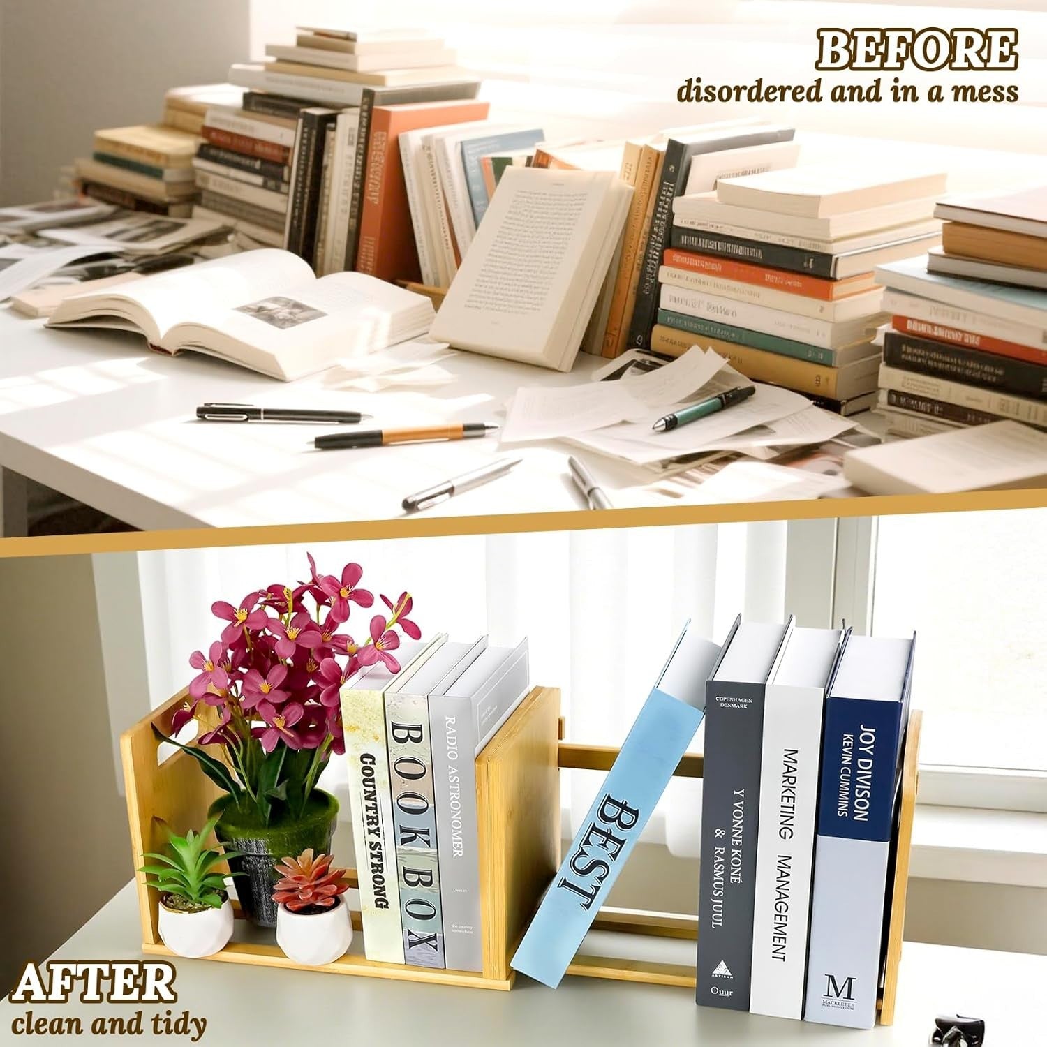 Expandable Bamboo Desktop Bookshelf Adjustable Book Organizer with Carry Handles