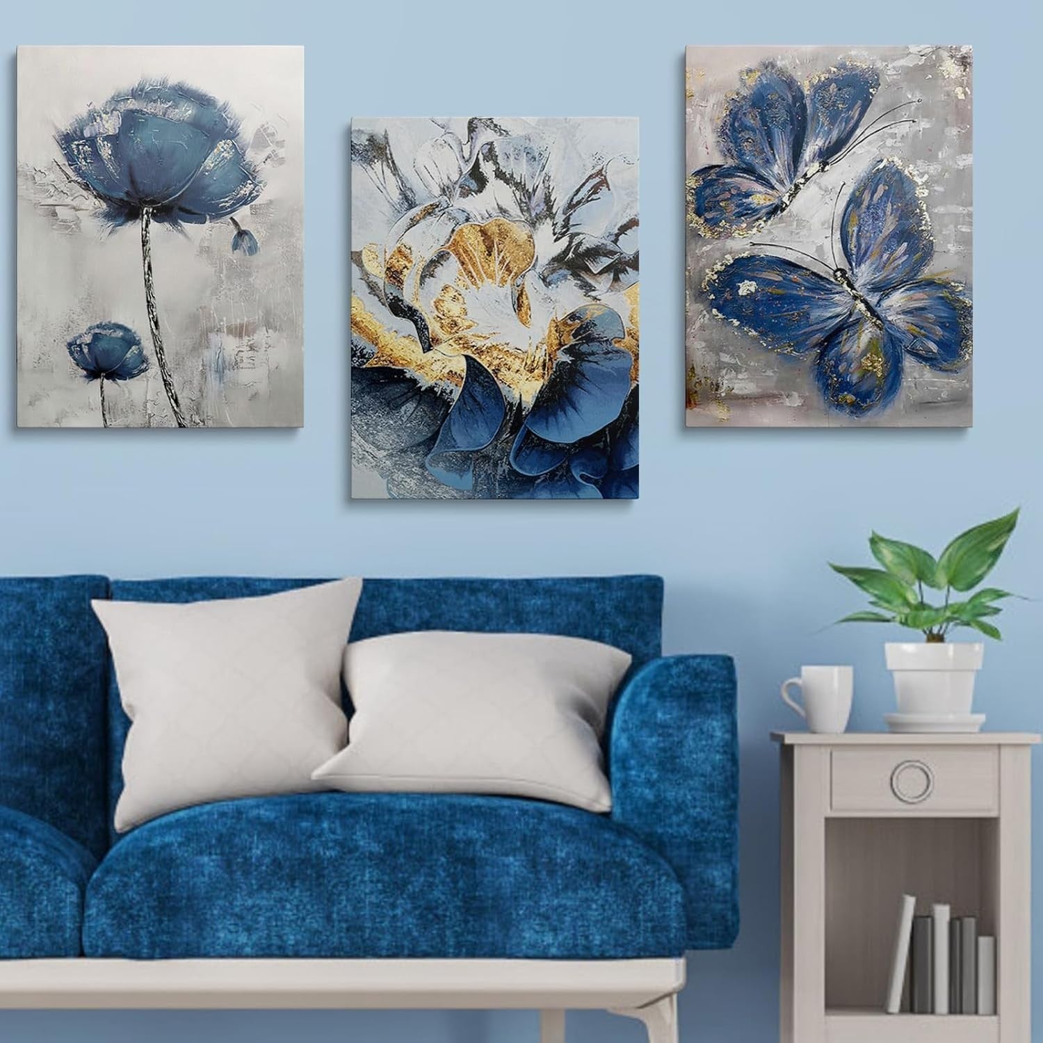 Blue Butterfly Wall Art Set of 3 Framed Canvas 12x16in