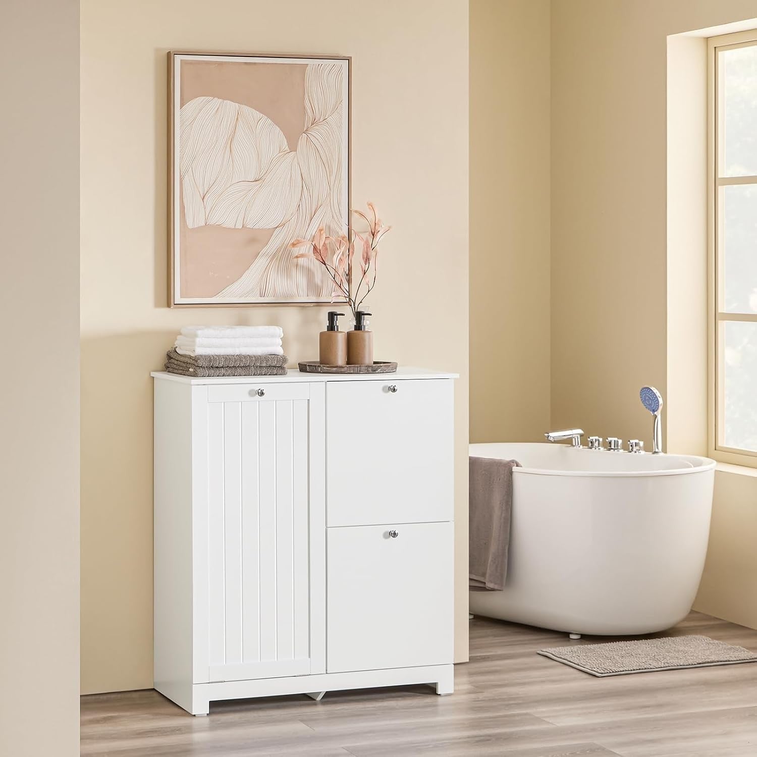 Slim Bathroom Laundry Cabinet with 3 Baskets Tall Storage Unit White