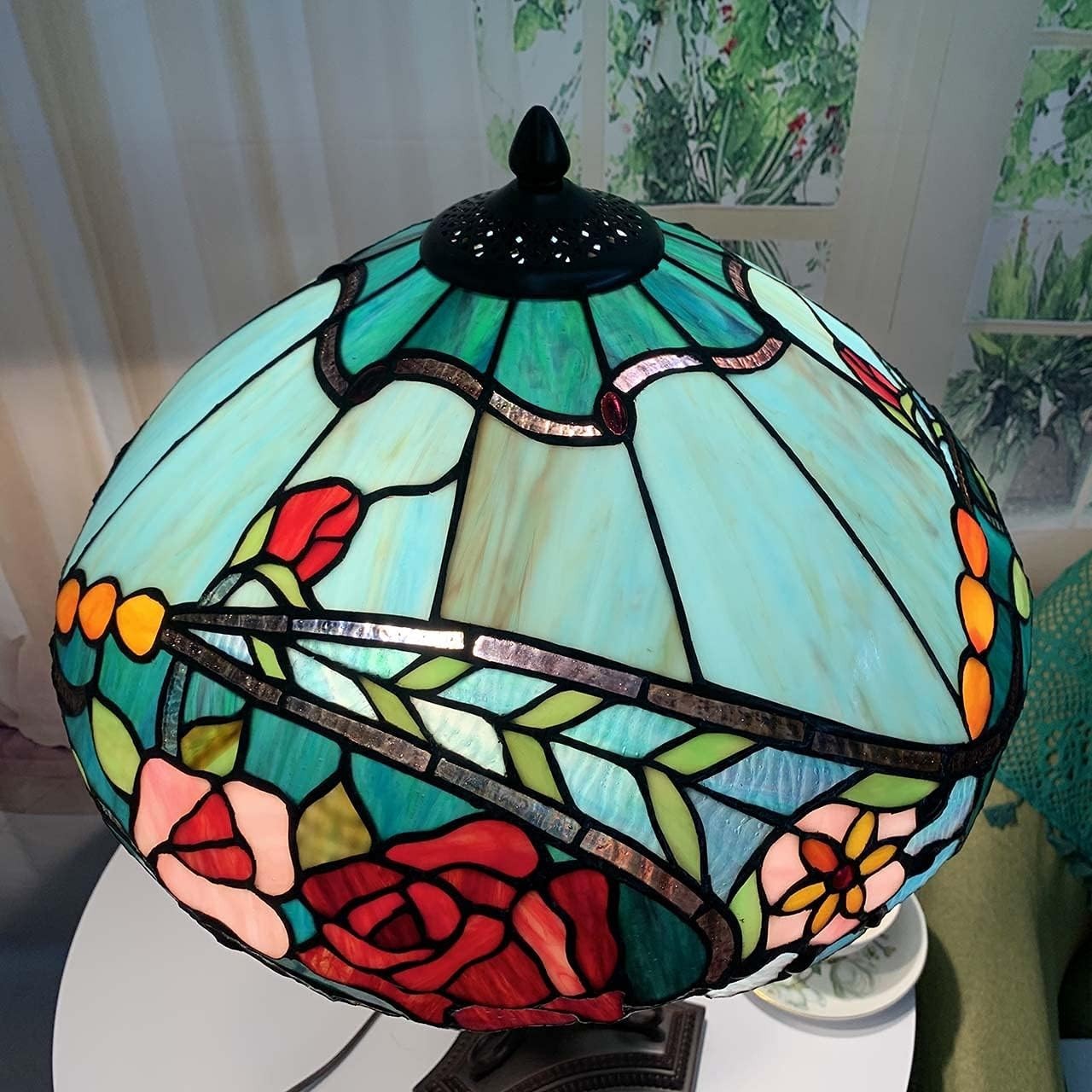 Stained Glass Tiffany Table Lamp Rose Flower Design 61cm High