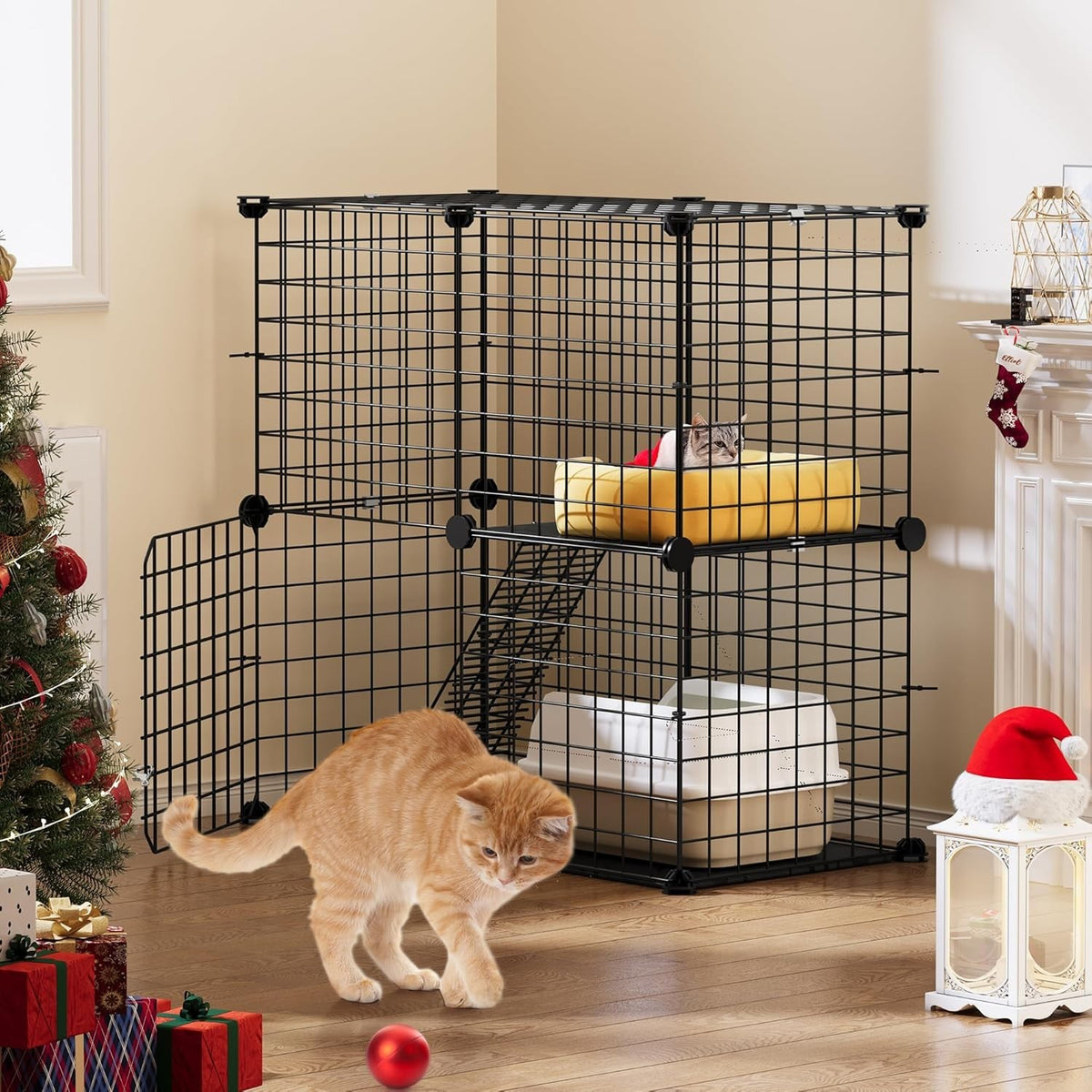 2-Tier Indoor Outdoor Cat Cage Playpen with Platforms & Zip Ties, 71x36x71cm