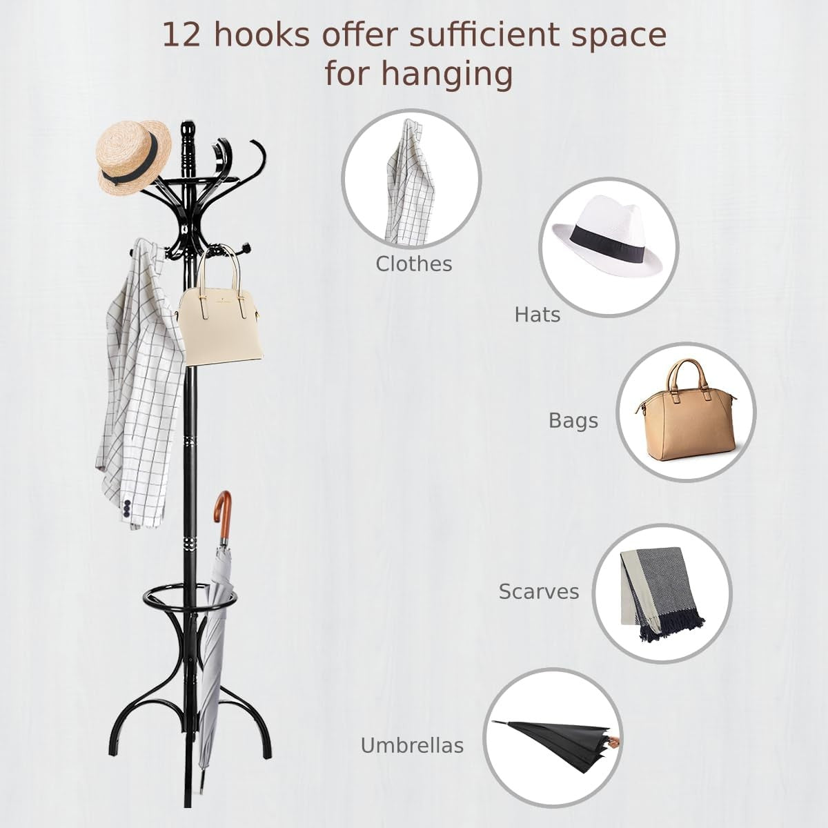 360° Rotating Black Wooden Coat Rack Stand 12 Hooks Freestanding Hall Tree
