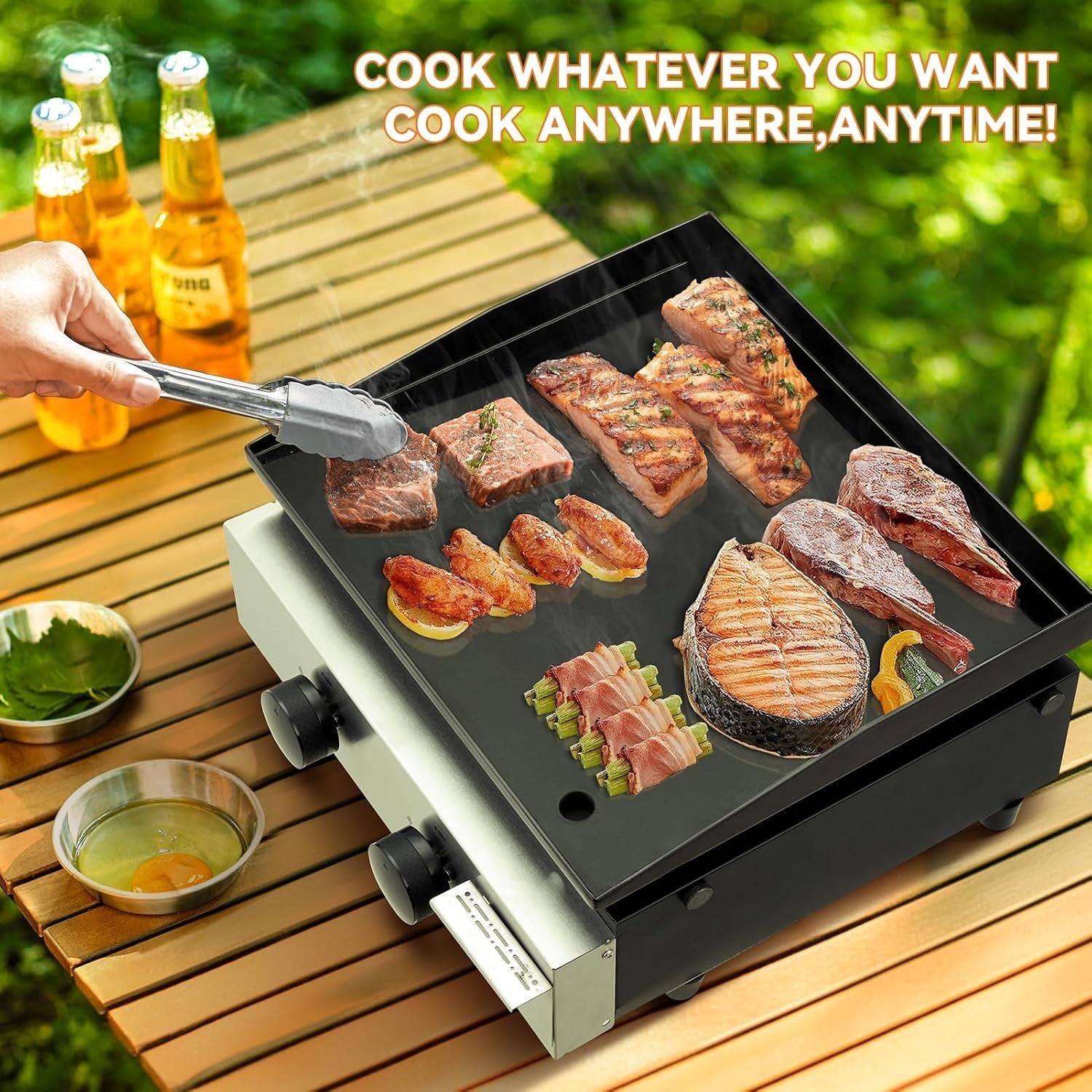 Portable 2 Burner Gas BBQ Grill Ceramic Cast Iron Plate Outdoor Camping Cooking