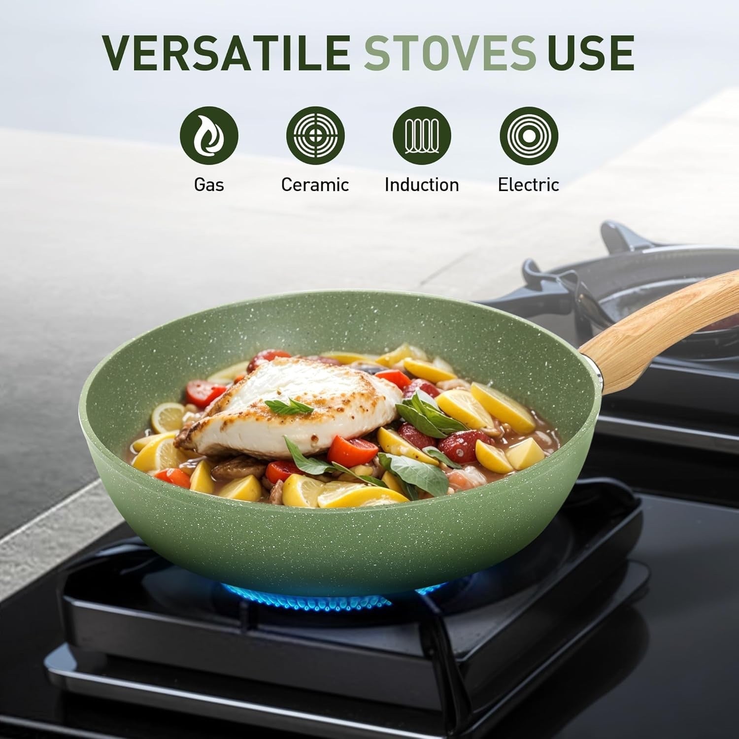 12Pcs Green Non Stick Cookware Set Granite Induction Pots and Pans with Lids