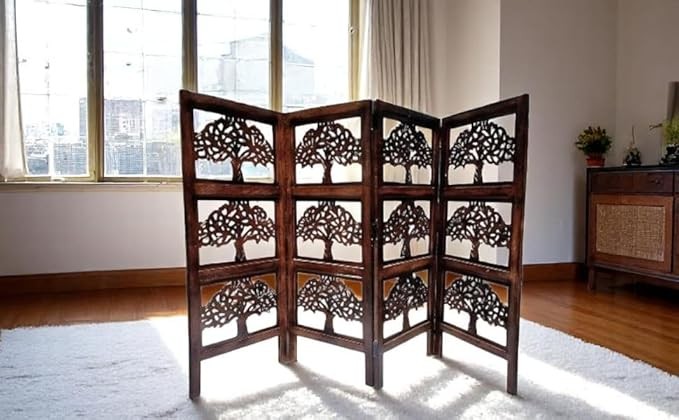 Carved Wood 4 Panel Folding Room Divider – Privacy Screen for Home & Office