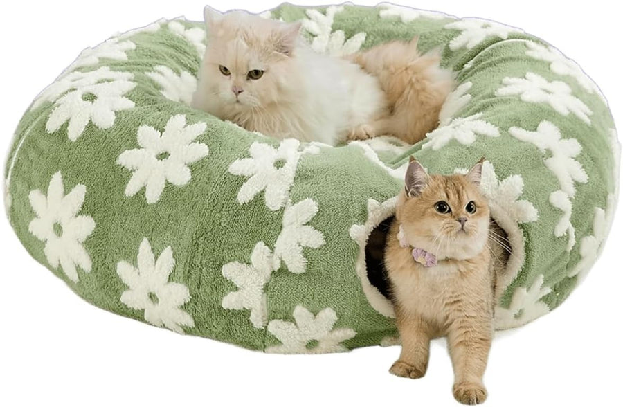 2 in 1 Cat Tunnel Bed Donut Play Toy w Washable Cushion Green