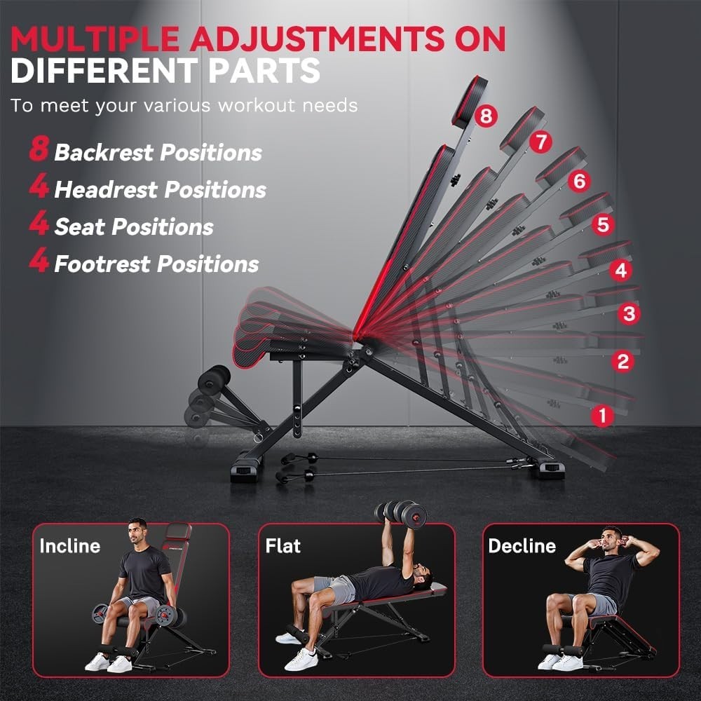 Adjustable Folding Weight Bench 660lb Capacity Resistance Bands Home Gym