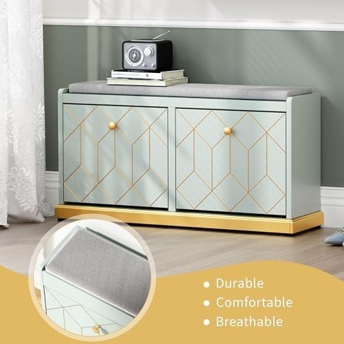 Green Shoe Storage Bench with Cushion & Flip-Drawer for Hallway Entryway