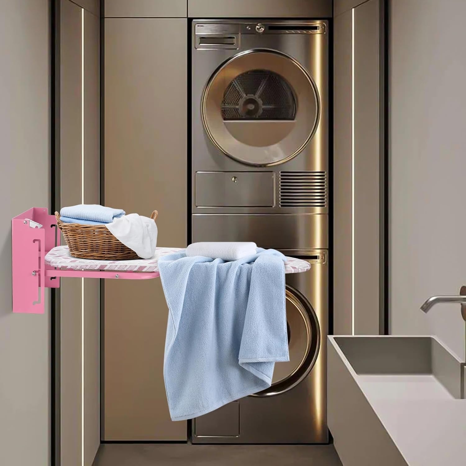 Wall Mounted Folding Ironing Board Pink Height Adjustable Space Saving 36x12in