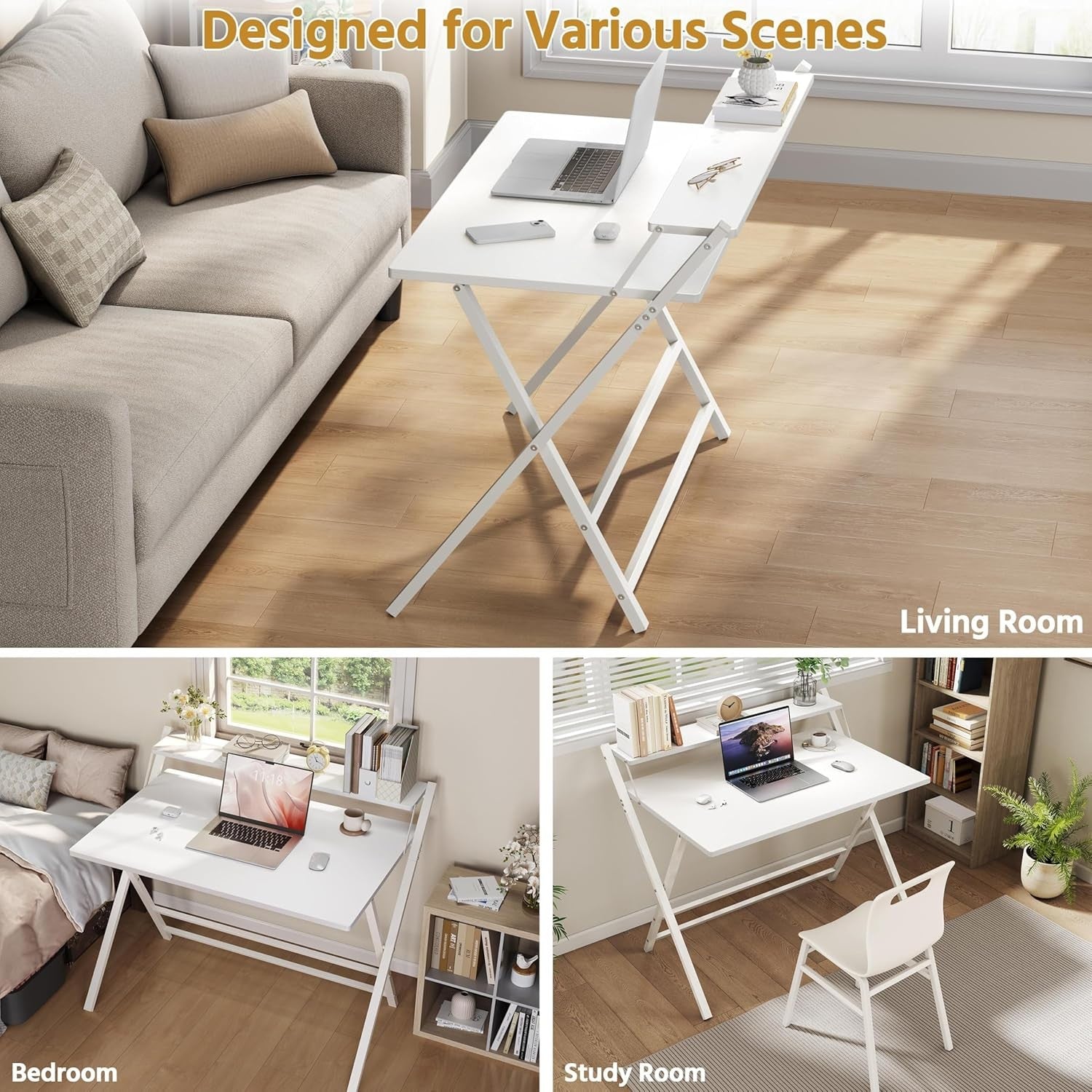 Foldable Computer Desk Large 100cm with Monitor Stand Small Space White