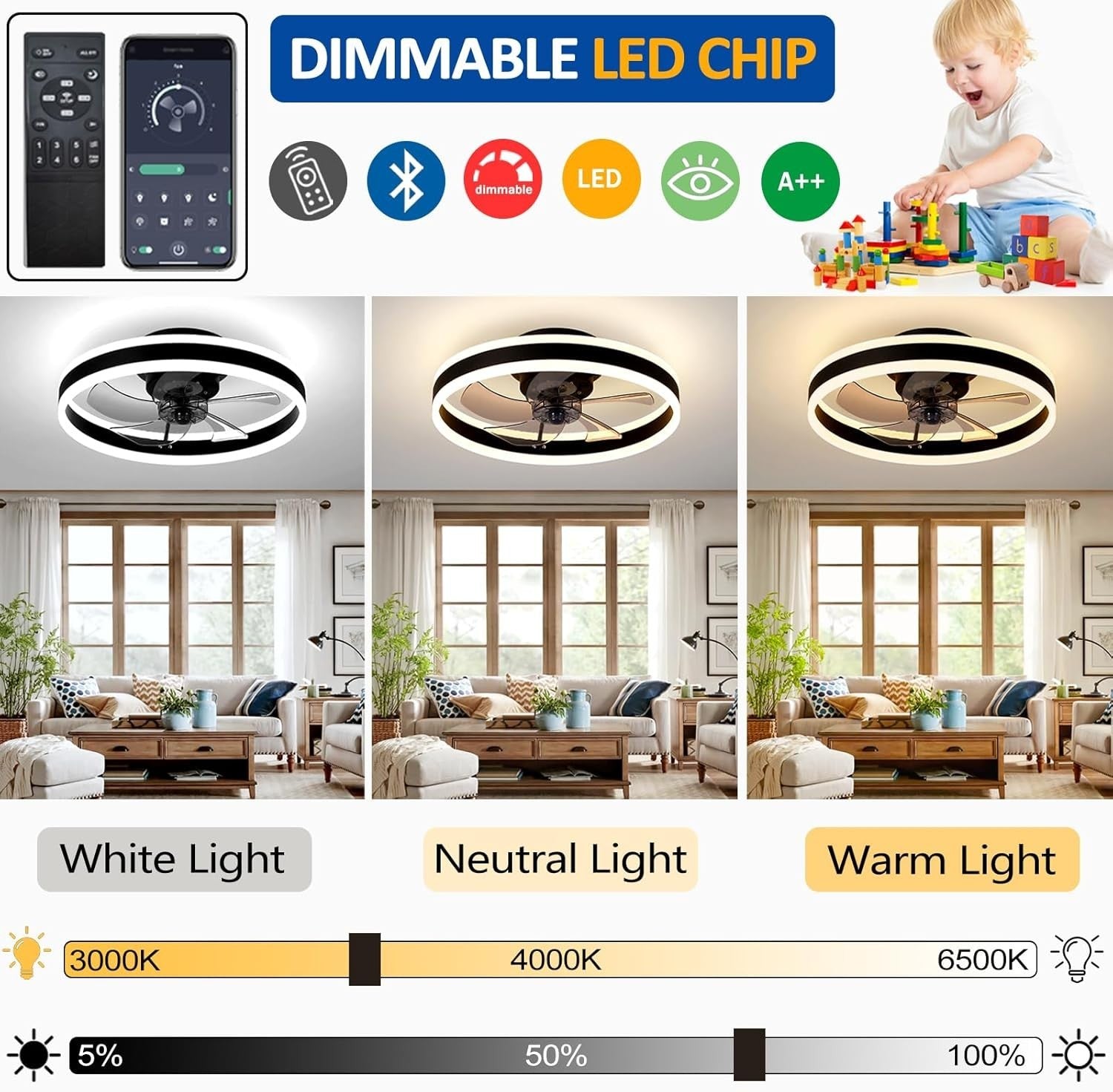 50CM LED Ceiling Fan with Lights, 6 Speeds, Remote & App Control, Gold