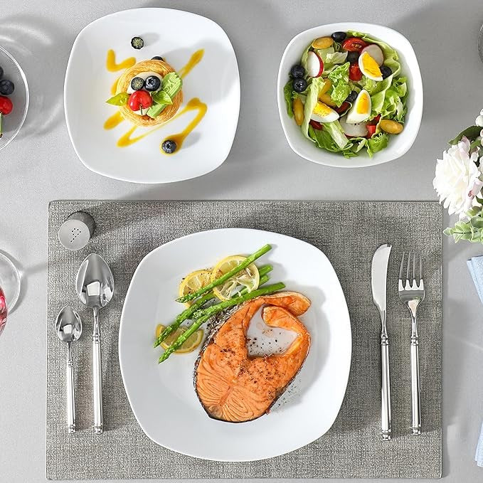 12 Piece White Dinner Set Plates Bowls Porcelain Square Chip Resistant for 4