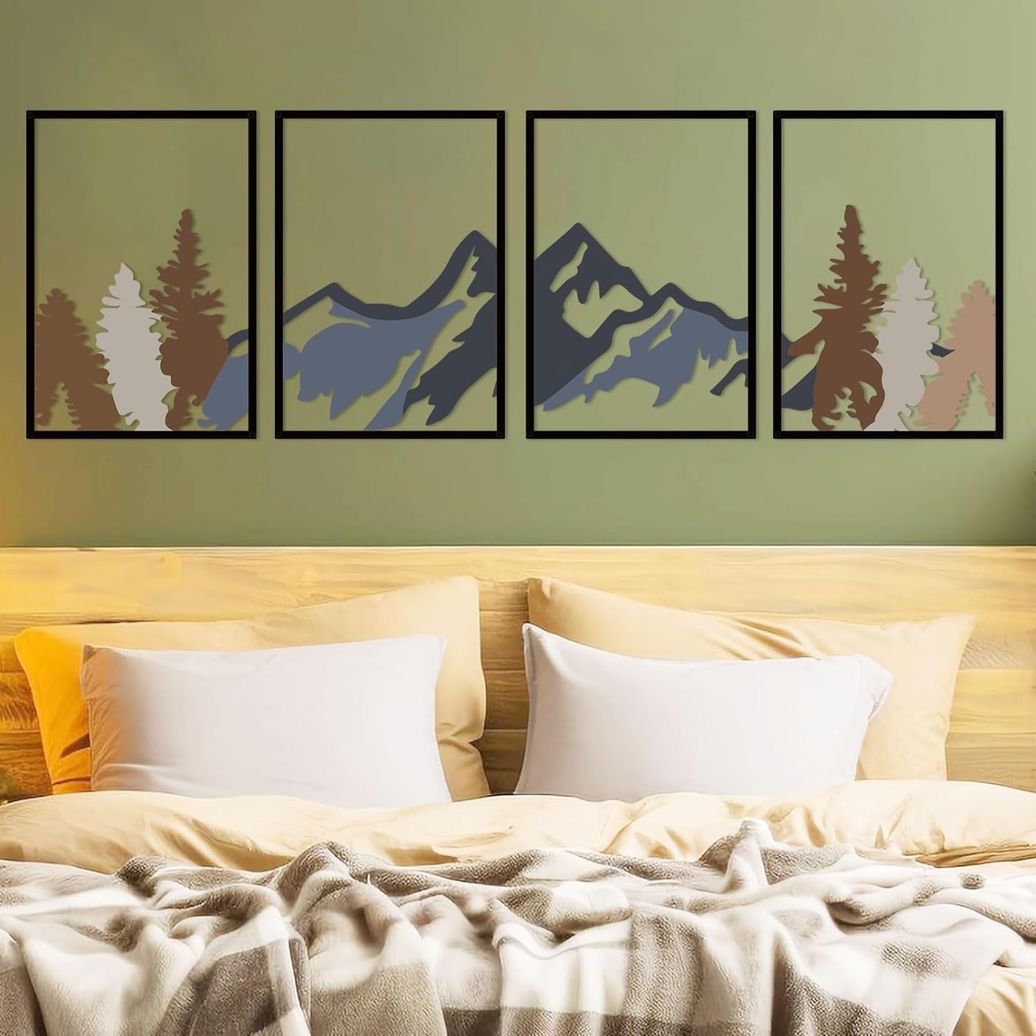 4Pc Metal Mountain Forest Wall Art Rustic Nature Decor Black