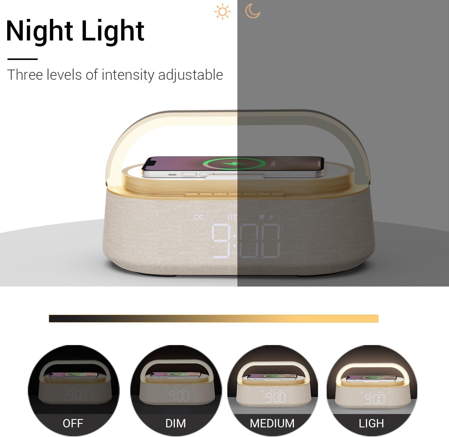 Yellow Bluetooth Speaker Alarm Clock Wireless Charger LED Night Light Radio