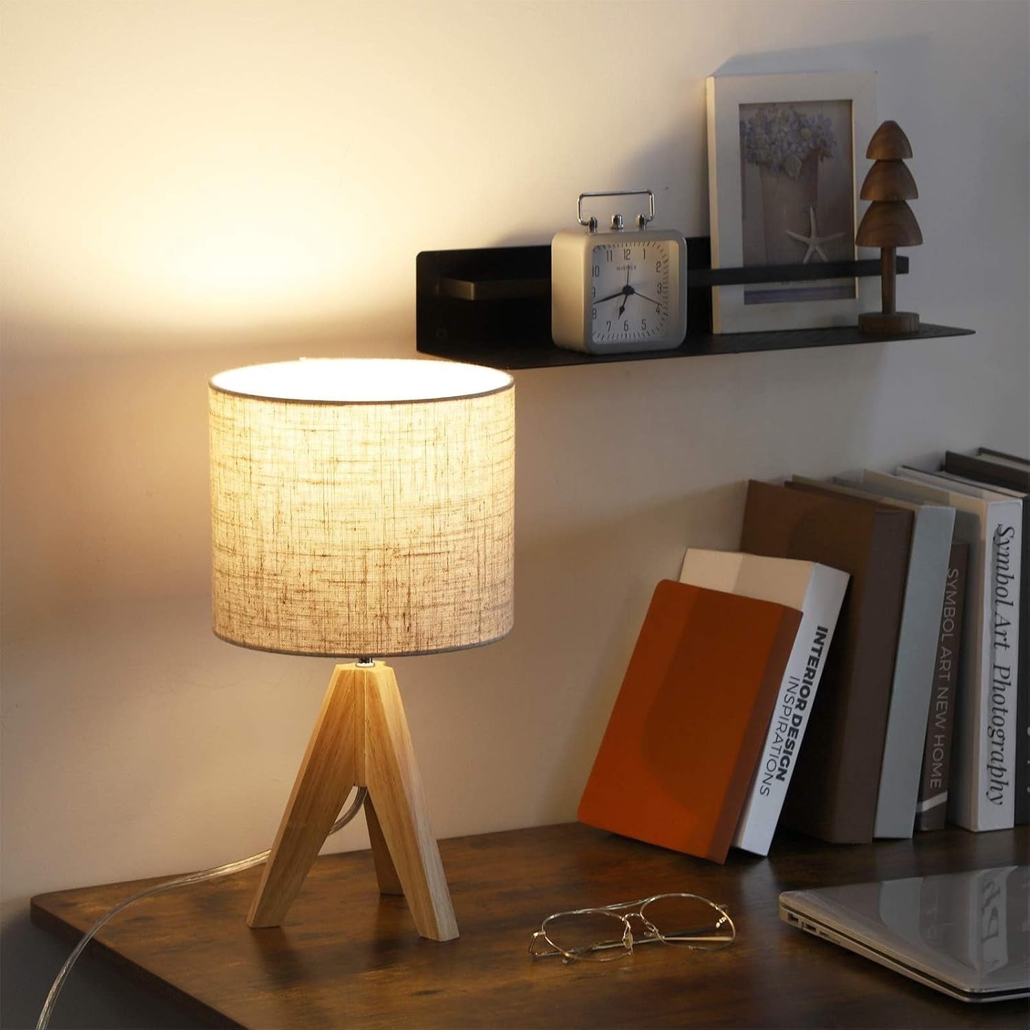 Wood Bedside Table Lamp Tripod Desk Light Linen Shade E27 Bedroom