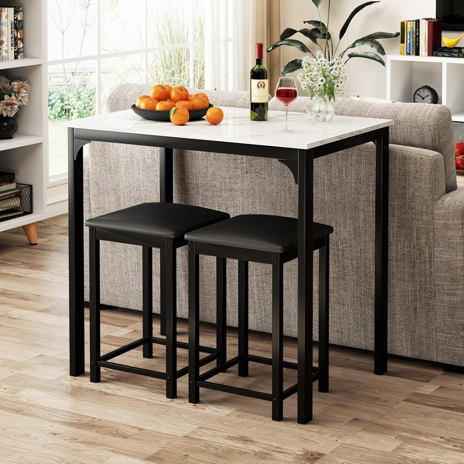3 Piece Bar Table Set with Stools Marble Effect Top Counter Height Cream White