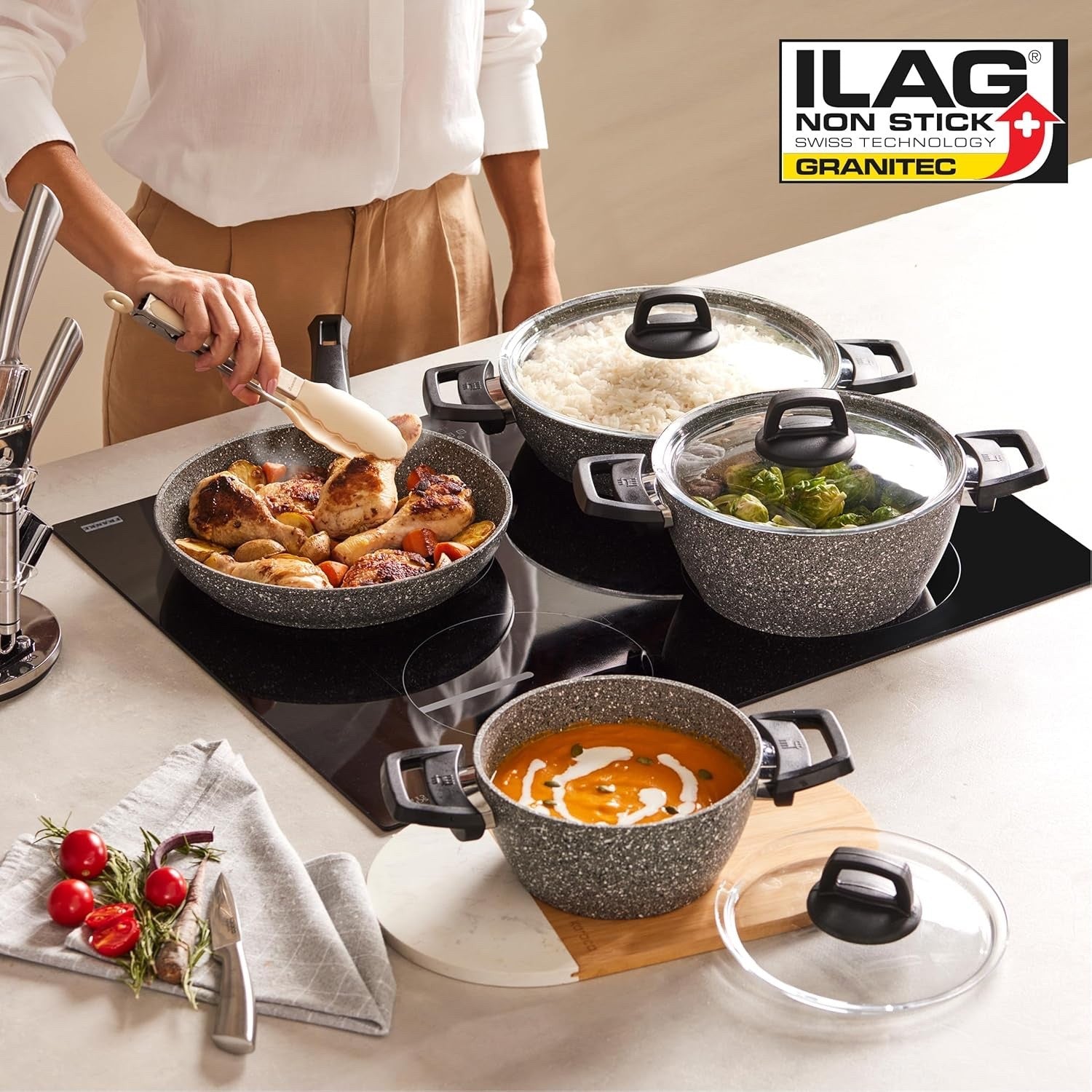7pcs Grey Granite Non Stick Induction Cookware Set with Lids, PFOA Free
