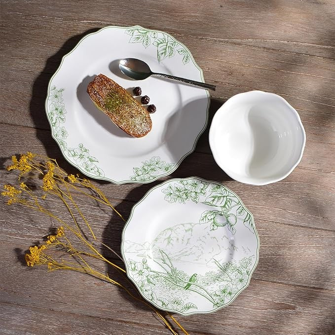 12pc White Green Porcelain Dinnerware Set Floral Plates Bowls Service for 4
