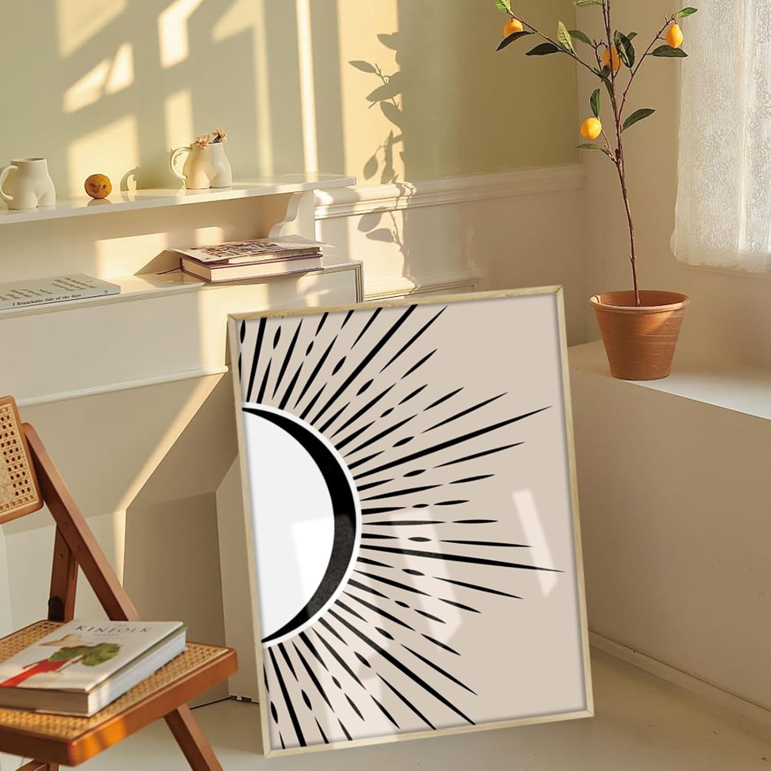 Boho Sun Moon Wall Art Framed Beige Abstract Canvas
