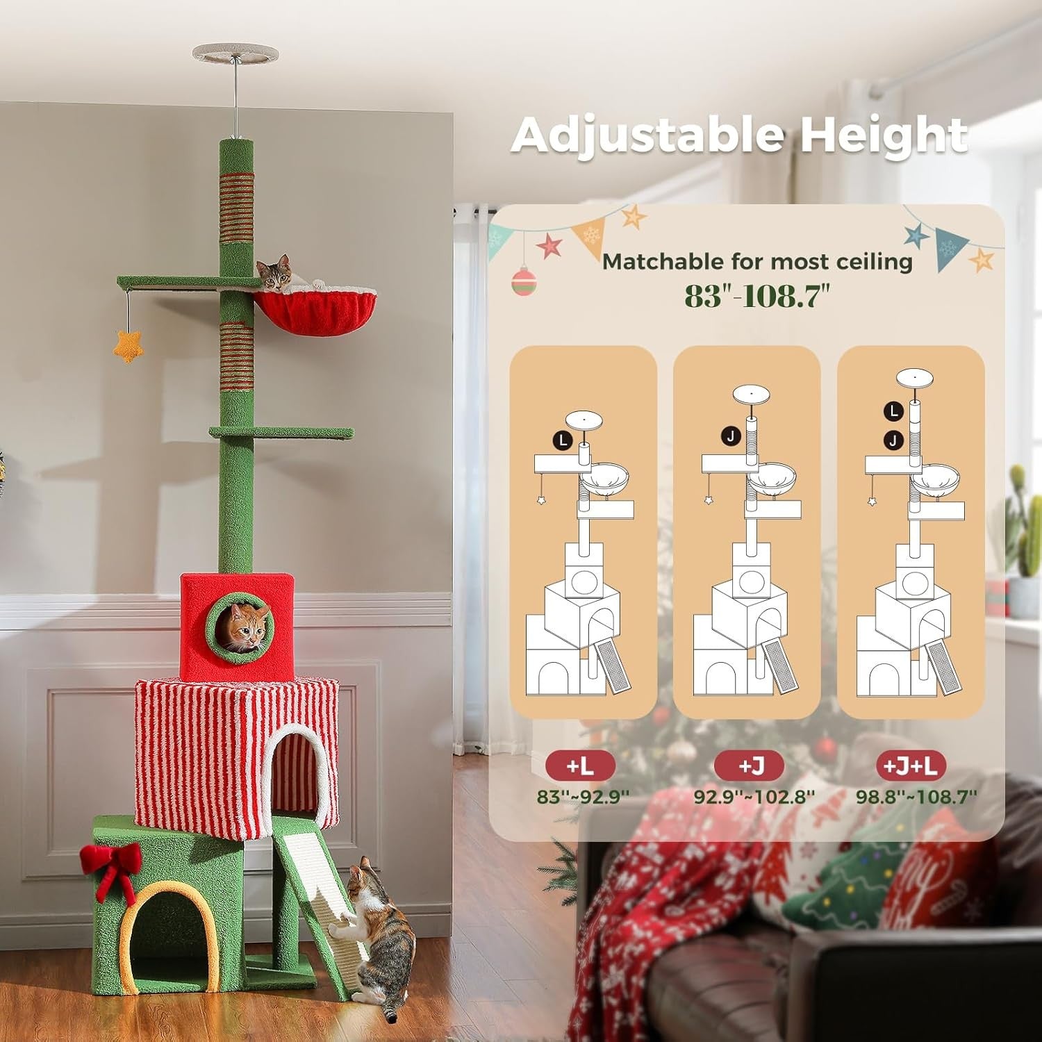 Floor to Ceiling Cat Tree Tower Adjustable 211–276cm Large Scratching Posts