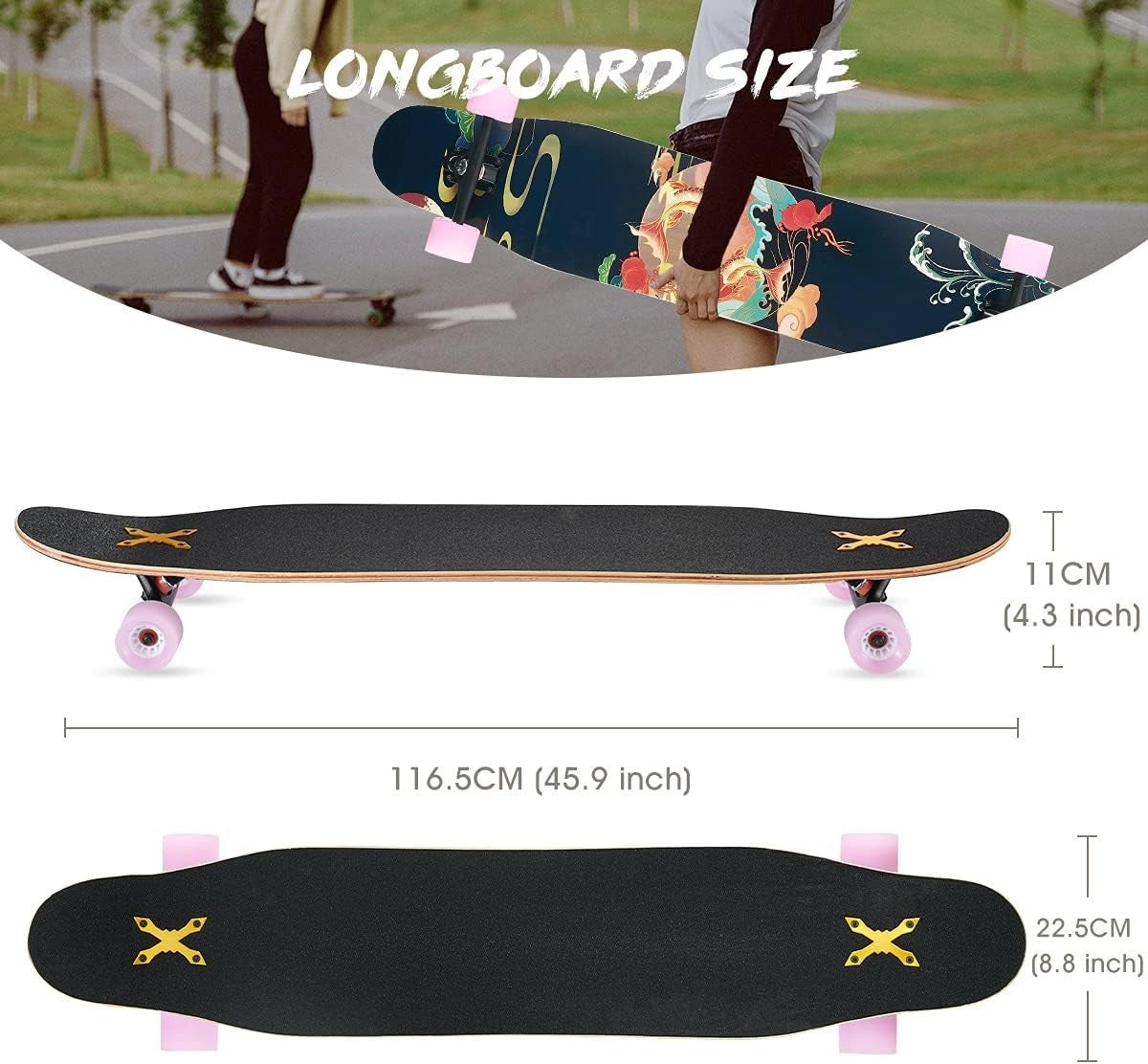 46" Longboard Skateboard Complete 8-Layer Maple Wood Deck Perfect Teens & Adults