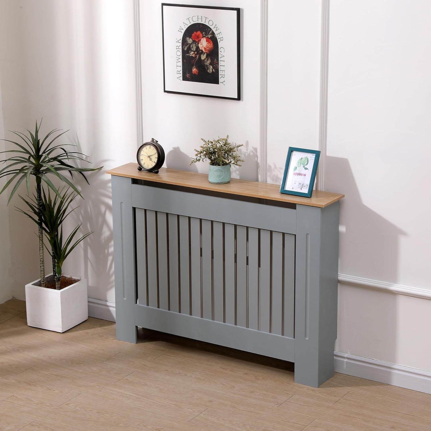 Medium Grey Oak Radiator Cover | Modern MDF Vertical Slat Cabinet – Stylish