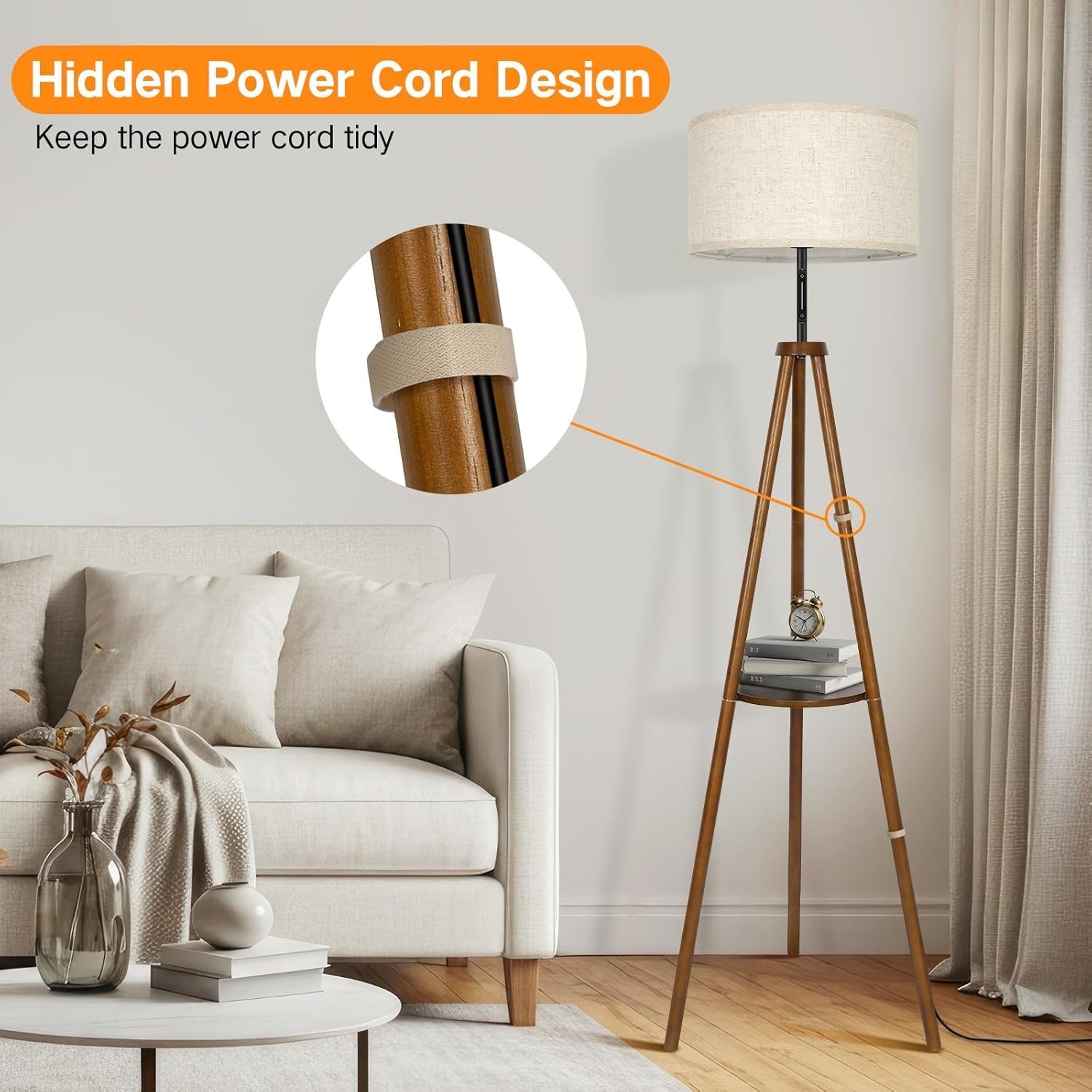 Wooden Tripod Floor Lamp Touch Remote Dimmable Shelf Linen Shade