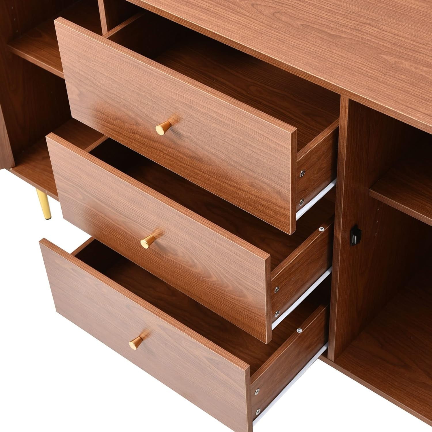 Modern Walnut Sideboard Cabinet Rattan Doors 3 Drawers Storage Unit