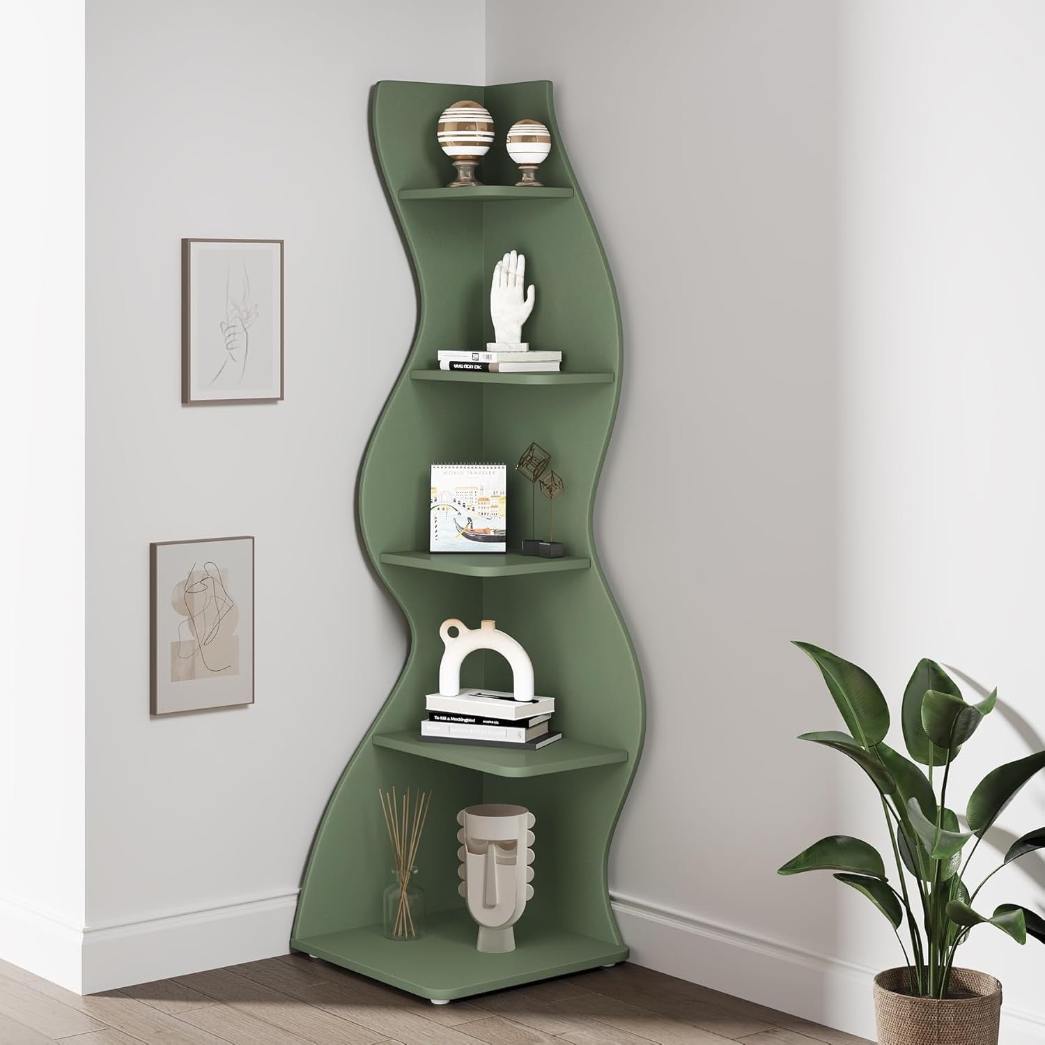 2PC Modern 5-Tier Wave Corner Bookshelf Set – Space-Saving Wall Display Shelves