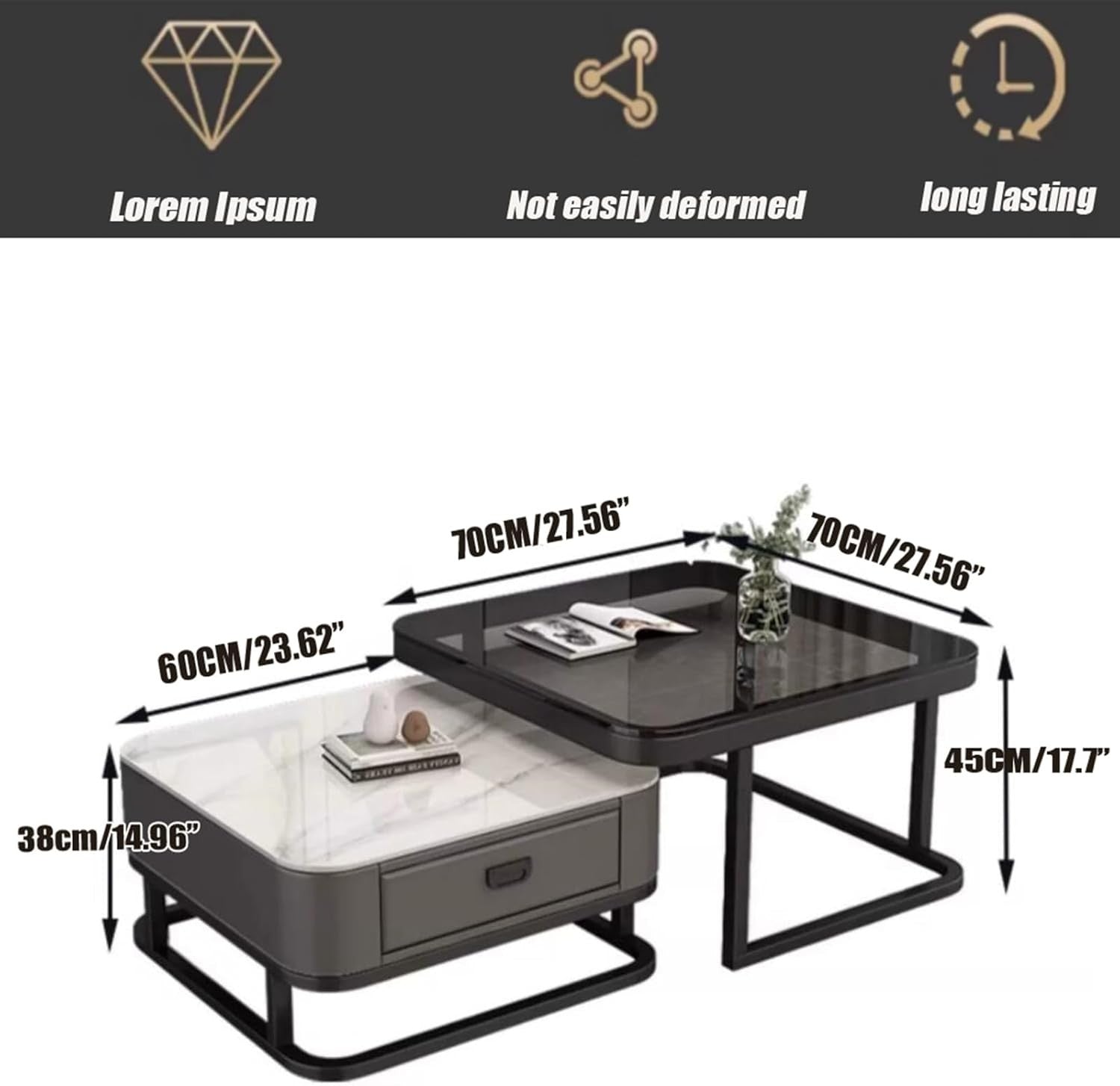 Lift Top Coffee Table with Storage – Square Modern Table, Hidden Drawers