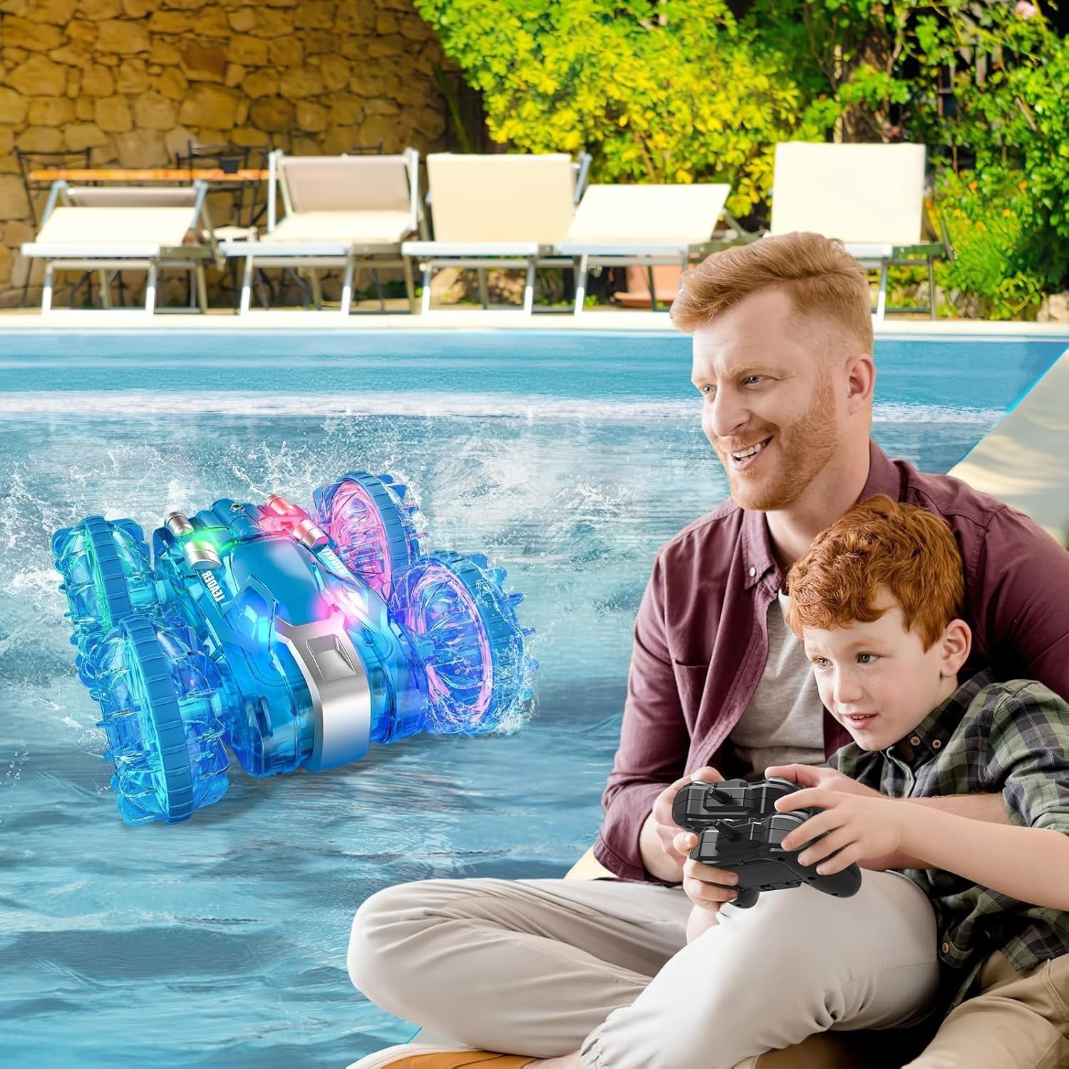 Waterproof RC Stunt Car 4WD 360° Rotation Dual Remote Control Toy – LED Lights