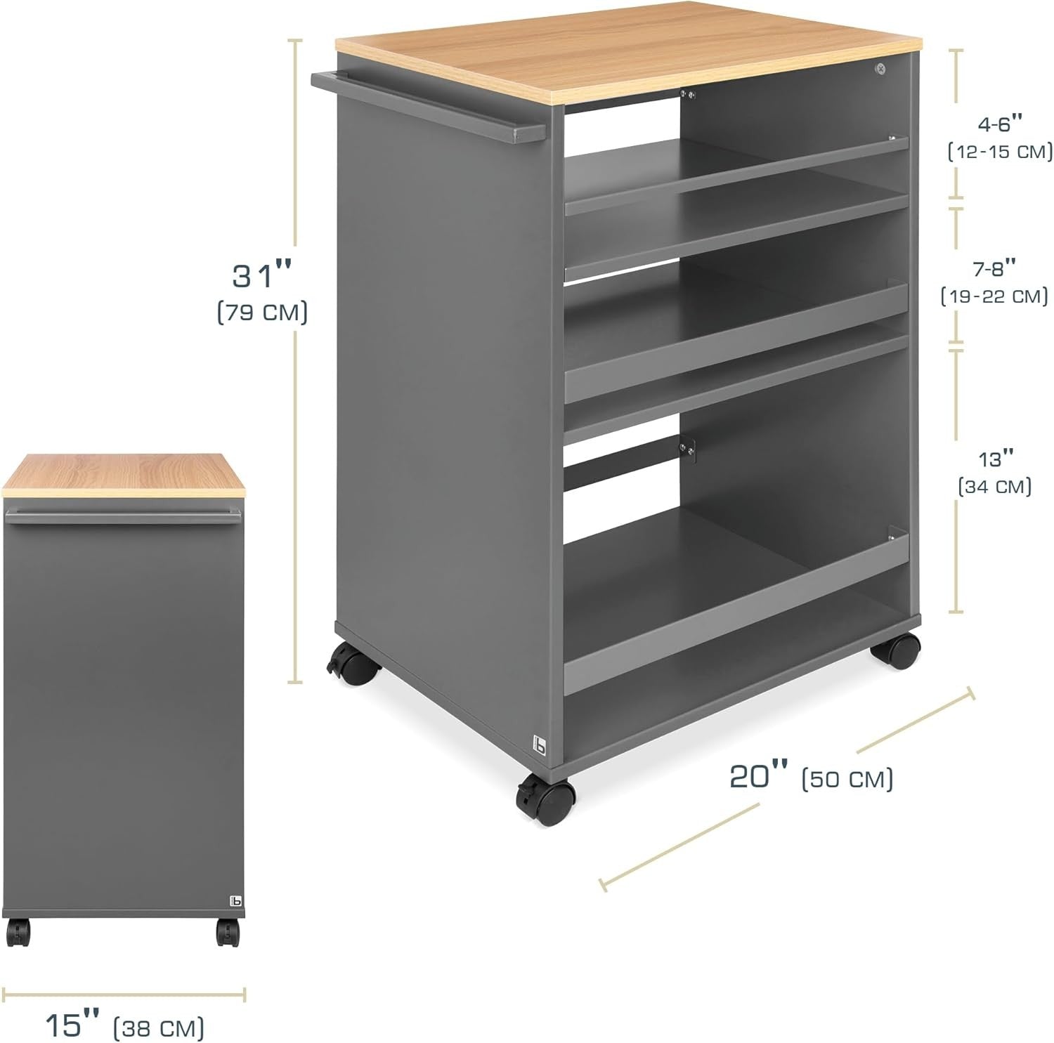 Kitchen Cart Trolley on Wheels 3 Tier Adjustable Shelves Wooden Worktop