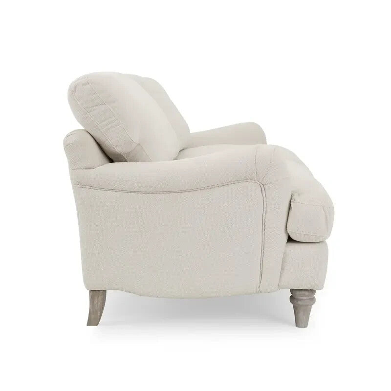 Ivory Linen 3 Seater Sofa Deep Cushions Solid Wood Legs Modern Comfy Couch