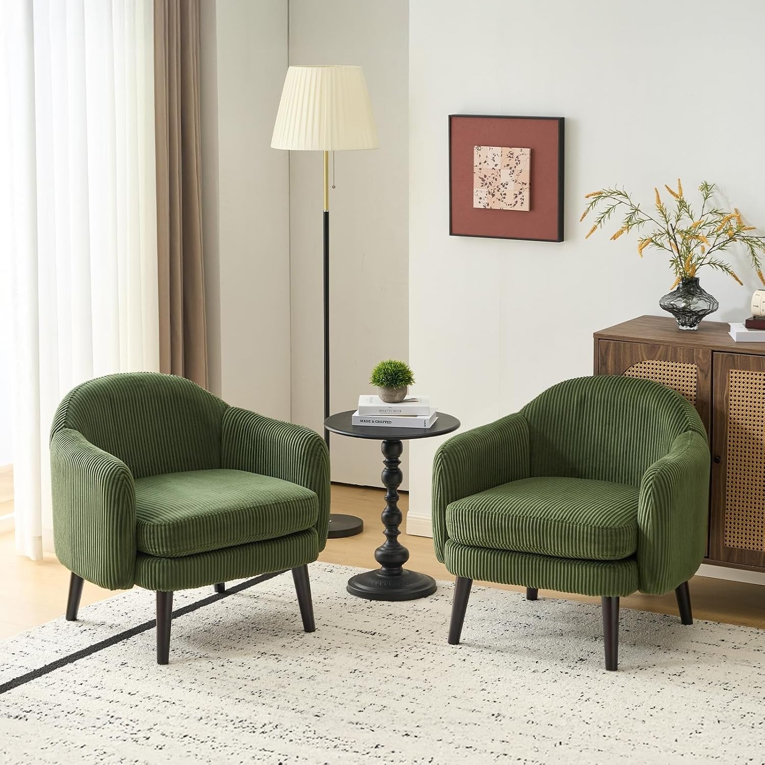 Modern Corduroy Armchair Wide Accent Chair Dark Green Wood Legs
