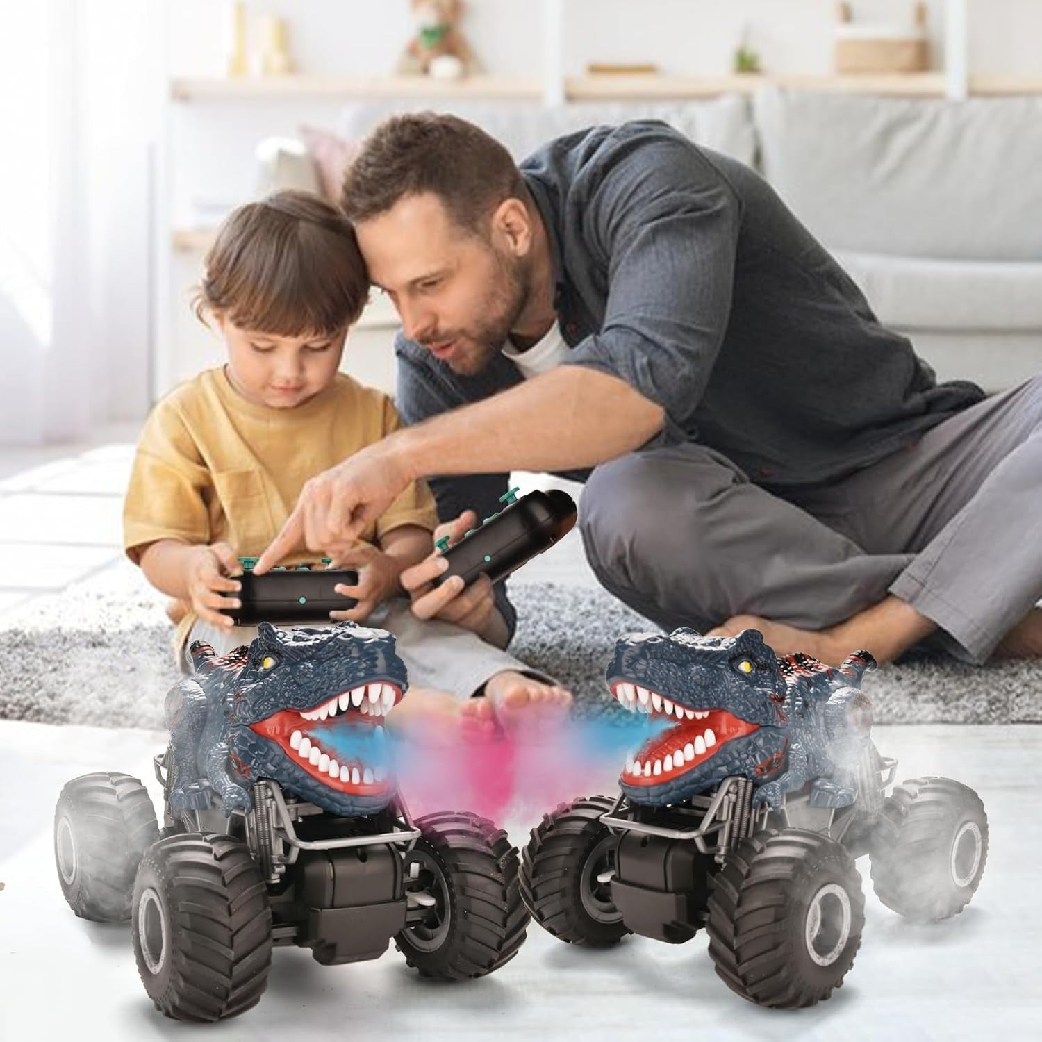1:16 RC Dinosaur Monster Truck with LED Lights, Music & Spray Mist Toy