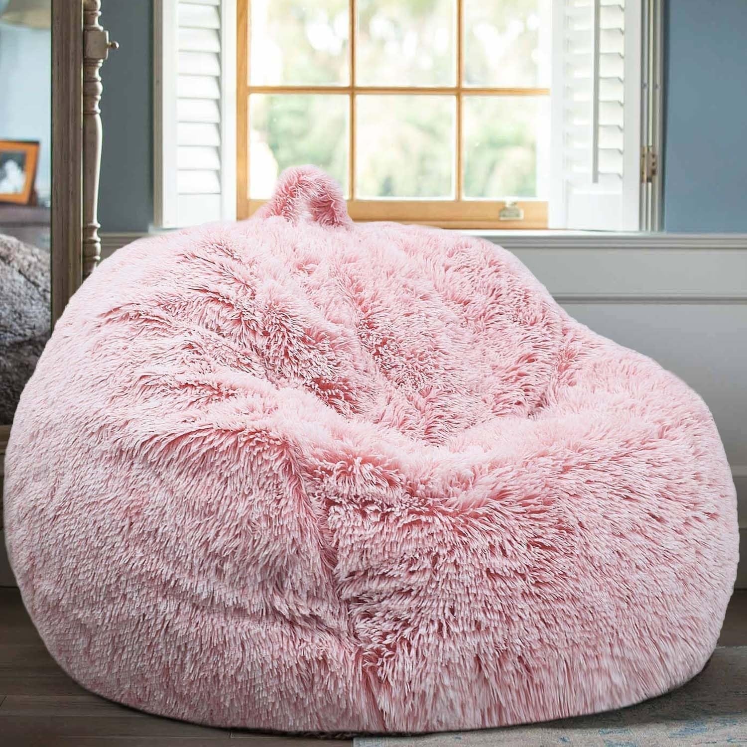 Plush Fluffy Bean Bag Cover for Stuffed Toys Storage Kids Teens Adults Pink