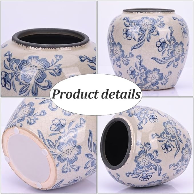 Blue White Floral Ceramic Vase Vintage Chinoiserie Table Centrepiece 17cm