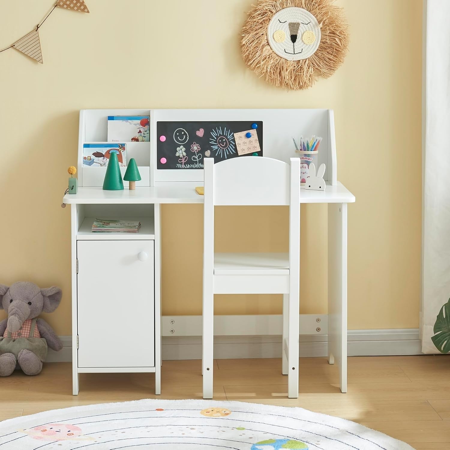 Kids Study Desk & Chair Set with Cork Board – Storage Shelves, White Wood